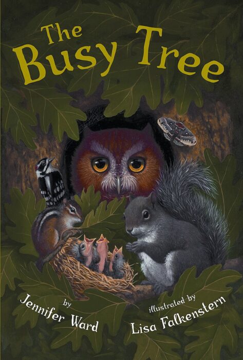 The Busy Tree book cover with an owl and other animals peeking through a tree trunk.